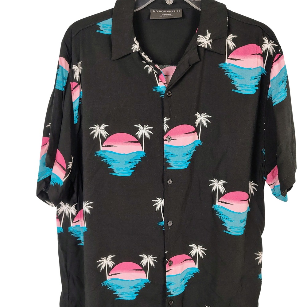 No Boundaries Mens Large Black Palm Tree Sunset Rayon Button Down Shirt NOBO